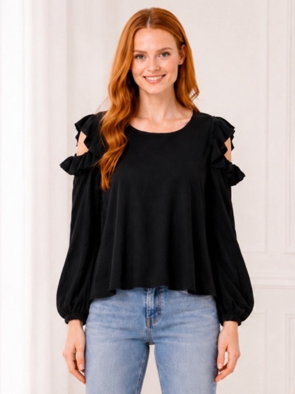 LC Lauren Conrad Runway Black Ruffle Cold Shoulder Blouse Romantic Chic NWT S